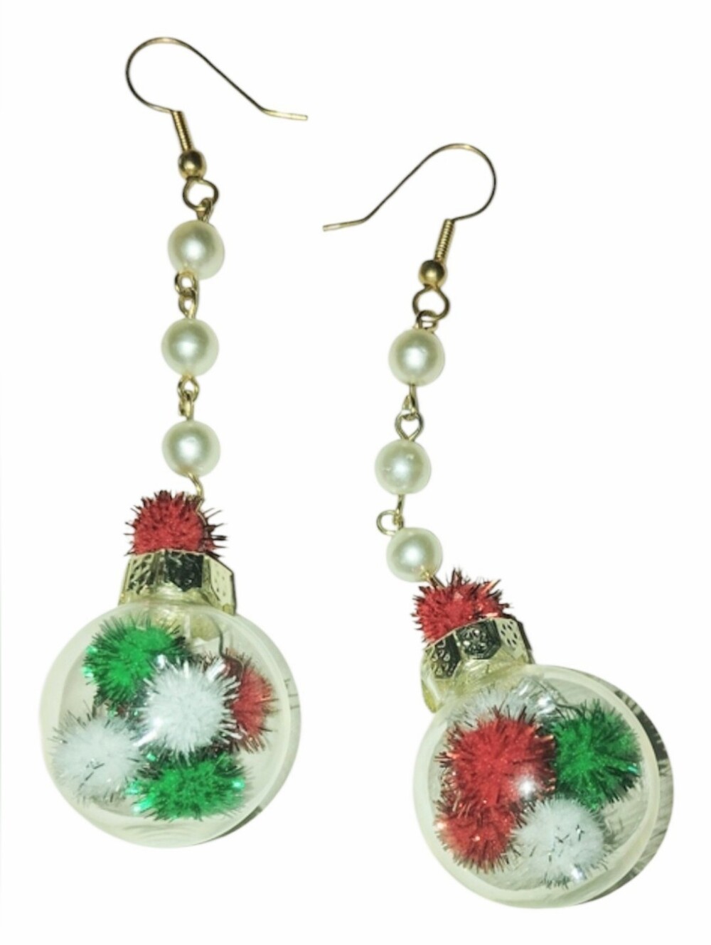 Handmade Pearl Drop Earrings with Red, Green & White Festive Balls Ornaments